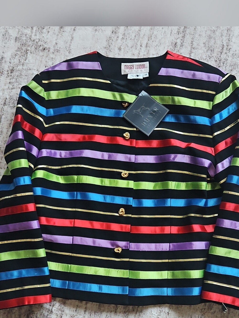 Maggy London Black Multicolor Striped Button Jacket Lined Short Women's 14P
